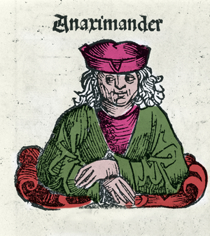 Representation of Anaximandros or Anaximander De Miletus (610 - 547 BC), Greek philosopher, mathematician and astronomer Xylography of “” Chronicles of Nuremberg”” by Hartmann Schedel, 1497.