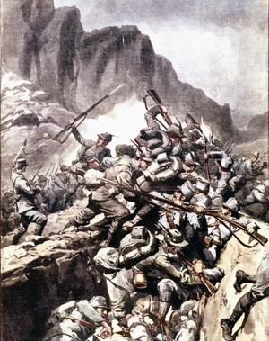 First World War: “” clashes between Italian alpine hunters (alpino or alpini) and soldiers of the Austro-Hungarian army in Val d'Inferno, Piemont, Italian Alps”” 1916 Illustration from “La domenica del corriere””
