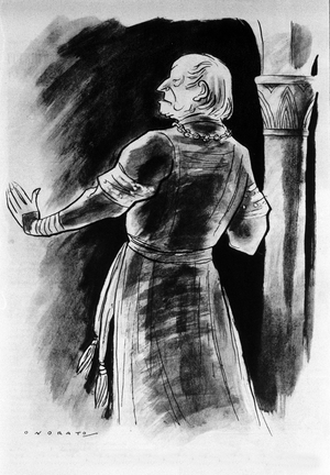 Comedian Ruggero Ruggeri in the play “” Enrico IV”” (Henri IV) by Luigi Pirandello at the Quirino Theatre in Rome, 22/02/1952. Drawing by Onorato (20th century).