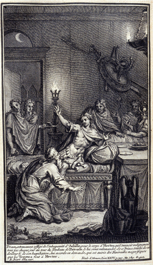 Priam, extremely afflicted by the inhumanity of Achilles, for Hector's body, which he dragged three times every day around the tomb of Patrocles, comes to ask him again. And this prince, touched with his pain and humiliation, grants him his request, which is followed by the magnificent funeral that the Trojans give to Hector. Illustration of book XXIV of the Iliad of Homere, French edition, 1751.