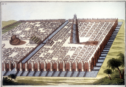 Reconstructed view of the ancient city of Babylon, with the enclosure, the hanging gardens and the ziggurat.