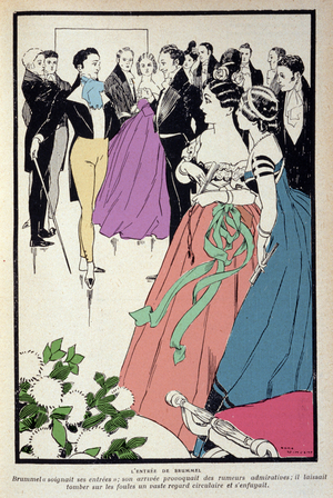 Representation of Beau Brummell (George Bryan Brummell) (1778-1840) during a worldly reception, he gave birth to the expression “dandy” and played an important role in men's fashion. Illustration by Rene Vincent (1879-1936).