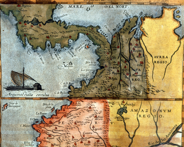 Map of Central America in the 16th century: above it shows the regions of Peru, Amazon and Bogota (Panama, Colombia and Venezuela).