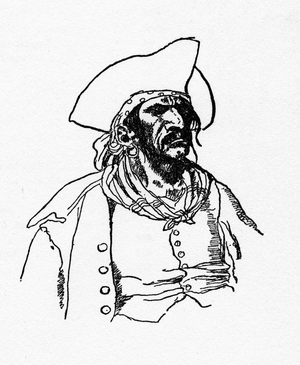 Portrait of a pirate: “” Book of pirates Buccaneers and Marooners of the Spanish Main”” by Howard Pyle (1853 - 1911), American illustrator. 1887.