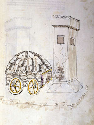 Art de la guerre: etude sur les machines militaires. une machine equipee d'une carapace prenant d'assaut une tour, illustration tiree de 'De re Militari' de l'ingenieur Roberto Valturio (1405-1483?), 1470.