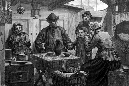 Interior of a river boat on the Lys. 19th century illustration