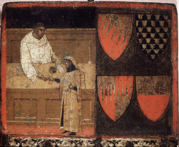 A tax collector and a taxpayer, Biccherna (cover of the accounting register of the city of Siena) from 1340. National Archive - Museo delle Tavolette de Bicherna, Siena.
