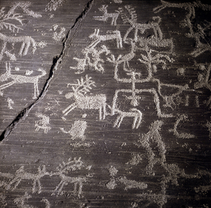 Civilization of the Camunni, Prehistory, rock art: grave rock, details of the great rock of Naquane, in Valcamonica (Val camonica).Museo archeologico de Milan