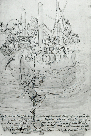 A man tries to repair the hull of a boat with a mask.