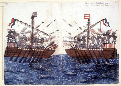 16th century engraving depicting the encounter with a pirate ship in the Indian Ocean. Rome biblioteca Casantense.