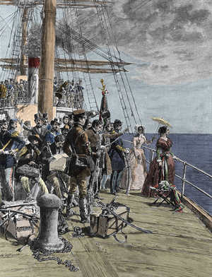 Marquise Cristina Trivulzio, Princess of Belgium (1808-1871), Italian patriot and woman of letters on a boat in Naples with 180 volunteers.