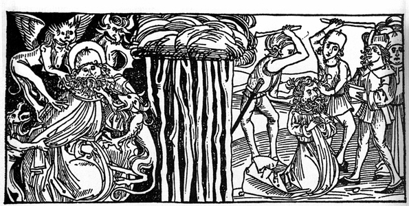 The temptations of Saint Anthony the Great (or Saint Anthony the Hermit or Saint Anthony the Abbe), and on the right his martyrdom after. Engraving from “Leben der Heiligen - sommerteil” (The book of the saint) by Jacobus (James) of Voragine (1228-1298). Lubeck 1488.