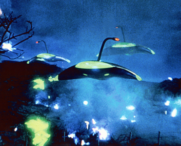 Alien saucers destroy Earth. Scene from the movie “The War of Worlds” by B. Haskin, 1953.