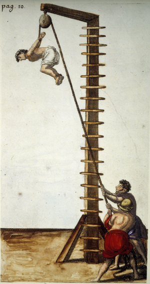 One of the torments of the Inquisition: la corde, -in “De Equleo Liber” by Magius Hieronimus, published in Amsterdam in 1694.