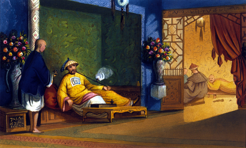 Opium fumery in China, engraving around 1830.