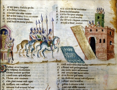 An army is approaching a castle. Miniature of the “Roman de Troy”” by Benoit de Sainte Maure. 14th century, Biblioteca Marciana, Venice