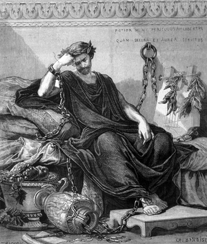 Representation of Damoclés enchaïne among the victuals of the feast during which Denys the Elder had him hang a sword above his head to show him the fragility of happiness. Engraving of the 19th century.