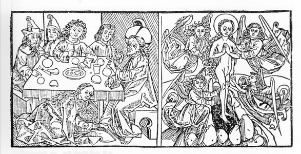 Left: Saint Mary Magdalene dries Jesus' feet with her hair. On the right: Saint Mary Magdalene ascends to Heaven. Manuscript from 1488 printed in Nuremberg. Engraving from “Leben der Heiligen - sommerteil” (The book of the saint) by Jacobus (James) of Voragine (1228-1298). Lubeck 1488.