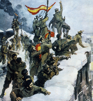 Spanish Civil War. The epic of Teruel. From the towers of the city of Teruel, Domingo Rey's men greet the arrival of the national troops with red and gold flags. Illustration by Ugo Matania.