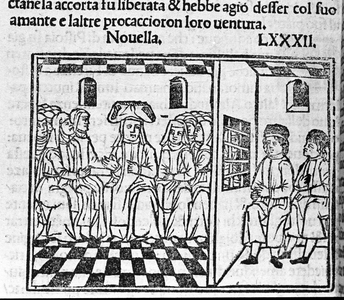 A story of the love of a nun. Illustration for the news 82 (New 2 of the ninth day) of the “Decameron”” by Giovanni Boccaccio dit Jean Boccaccio (1313-1375), Italian writer. Engraving in “” Decamerone ouer Cento nouelle”” Venice, Bartolomeo de 'Zanni, July 5, 1504.