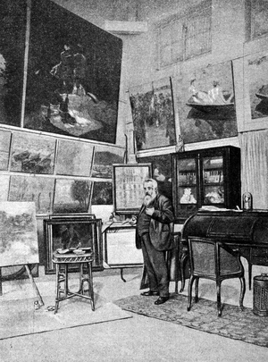 Portrait of the painter Claude Monet (1840 - 1926) in his studio.