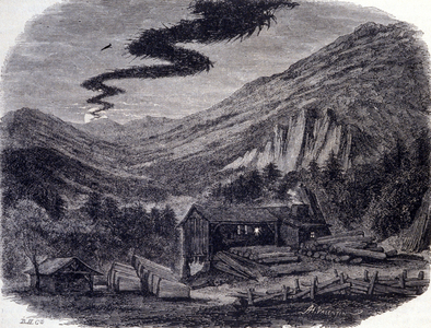 A fantastic hunt (aerian or wild) or Menee (the Menee Hellequin) or Mesnie in the Vosges, a nocturnal tempete that according to popular legends manifests itself after a curse or a sabbath of witches. Engraving of the 19th century