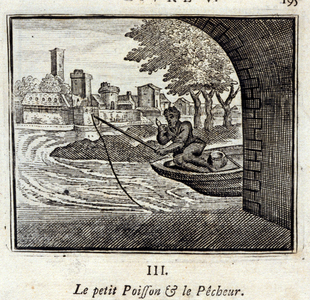 The Little Fish and the Fisherman. Fables by Jean de La Fontaine (1621-95). Illustration by François Chauveau (1613-1676). Edition of 1728.