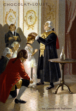 Magic session of Giuseppe Balsamo, known as Alexander, Count of Cagliostro (1743 - 1795). chromolithograph of the late 19th century..