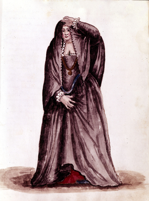 A Venetian courtesan in the 18th century. Watercolour drawing and ink from the manuscript “Customs of the Venitians”” by Jan van Grevenbroeck (or Giovanni Grevembroch (Grevenbroch) (1731-1807), 18th century.