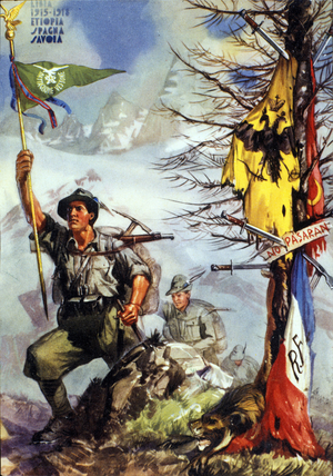 First World War: “” Poster celebrating the Vestone Battalion of Italian Alpine Hunters (Alpino or Alpini), 6th Regiment, 1915-1918”” Illustration