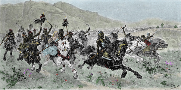The charge of the Huns led by Attila (405-453), defering on Italy, 5th century - Engraving by U. Checa, 19th century.