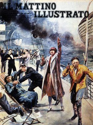 Une bande de pirates chinois avec à sa tête une femme ont dévalisé les passagers d'un bateau à vapeur japonais et neutralisé son équipage en pleine mer entre Amoy et Hong Kong. ""Il mattino illustrato"". Ill. d'Ugo Matania. 1929.