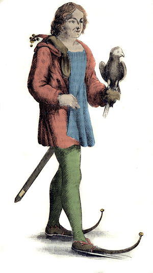 A middle-aged man wearing shoes to the foal.