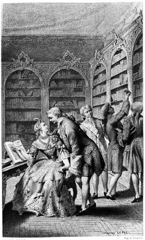 Seduction scene in a library in the 18th century.