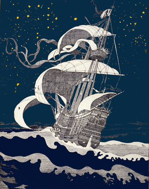 The Flying Ship is a ship that wandered through the seas bringing misfortune to the ships that crossed its way (engraving)