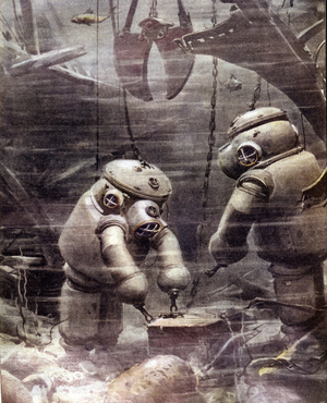 Scaphandrier de l'Artiglio habillé en scaphandre rigide -articulé sur le bateau Egypt coulé dans la mer. sd. début 20eme siecle.