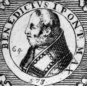 Portrait of Pope Benedict I. Engraving of the 19th century.