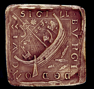 Seal of the City of Dunwich in Suffolk. A ship is represented in a rough sea, probably alluding to the storms that destroyed part of the city in 1286 and 1347. 14th century. Paris, National Archive