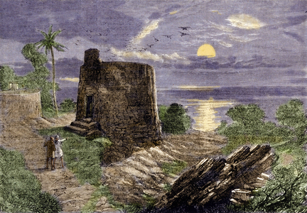 Religion of the Farsis (followers of Zarathustra (Zarathustra, Zarathushtra, Zarathustra or Zoroastra)): the funeral ritual consists in placing the bodies of the deceased in a tower, the Tower of Silence, where they are devoured by vultures. Malabar region. India. Engraving of the 19th century.