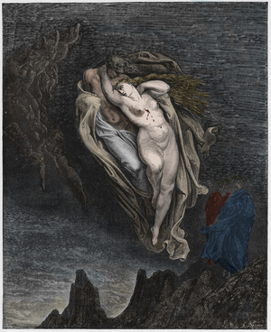 Inferno, Canto 5 : The souls of Paolo and Francesca, illustration from 'The Divine Comedy' by Dante Alighieri, 1885  (digitally coloured engraving)