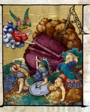 The empty tomb. Miniature in a 15th century choir, Church of the Crowned Virgin of Lodi.