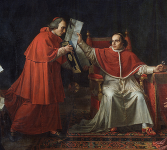 Signature of the Concordat between France and the Holy Siege (Saint Siege), by Pope Pius VII (1742 - 1823), August 15, 1801 (Cardinal Consalvi receiving from the Pope the ratification of the Concordat). Painting by Jean Baptiste Wicar (1762-1834). Detail. Vatican Museum. Rome