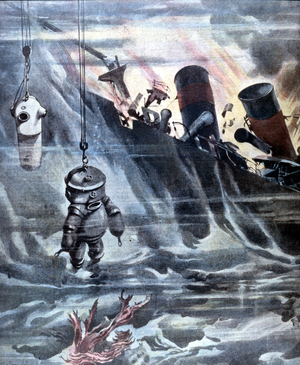 Scaphandrier de l'Artiglio habillé en scaphandre rigide - plongeant vers le bateau Egypt coulé dans la mer. sd. début 20eme siecle.