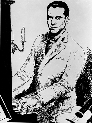 Portrait of the Spanish writer Federico Garcia Lorca (1898-1936) playing piano (drawing)