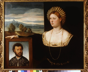 Double portrait: Isabella (Isabella) d'Este (1474-1539) with the portrait of a member of the Este family by B. Licinio.Milan Museo del Castello