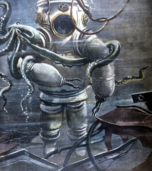 Diver of the Artiglio dressed as a rigid diving suit - articulated on the ship ""Egypt"" sunk in the sea. sd. early 20th century.