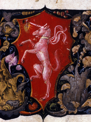 Blazon decorating a unicorn on a red background. Detail of a miniature. 15th century