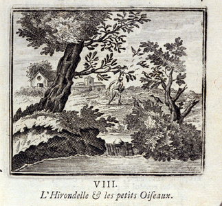 The Swallow and the little birds. Fables by Jean de La Fontaine (1621-95). Illustration by François Chauveau (1613-1676). Edition of 1728.