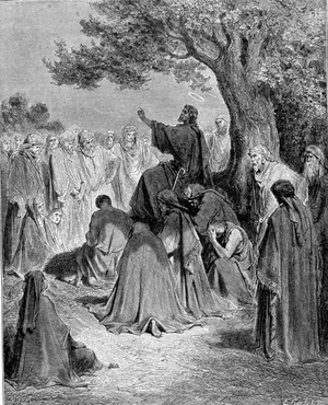 Extract from the Gospel of St. Matthew. Jesus Christ preaches before the crowd of his disciples. Engraving of the 19th century.