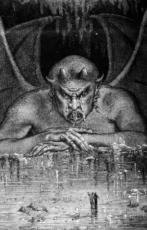 Dante et Virgil traverse les enfell in The Divine Comedy by Dante Alighieri (1265 - 1321): Satan devours the dances. Engraving by Gustave Doré. 19th century.